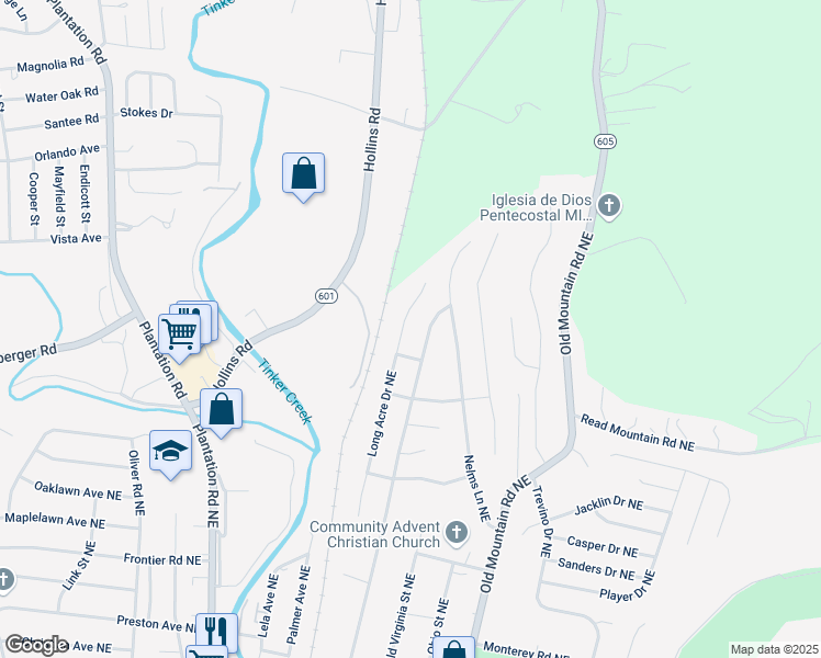 map of restaurants, bars, coffee shops, grocery stores, and more near 4780-4798 Long Acre Drive Northeast in Roanoke