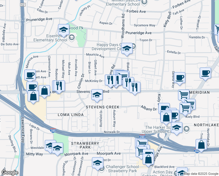 map of restaurants, bars, coffee shops, grocery stores, and more near 4565 Stevens Creek Boulevard in Santa Clara