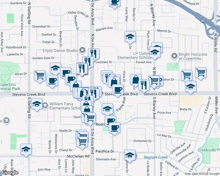 map of restaurants, bars, coffee shops, grocery stores, and more near 20381 Stevens Creek Boulevard in Cupertino