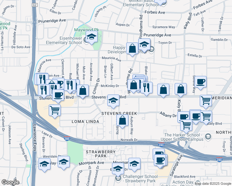 map of restaurants, bars, coffee shops, grocery stores, and more near 4671 Albany Circle in San Jose