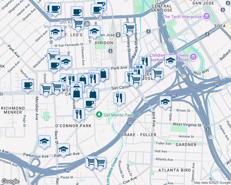 map of restaurants, bars, coffee shops, grocery stores, and more near 311 Bautista Place in San Jose