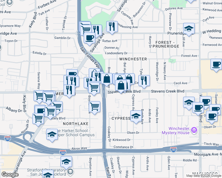 map of restaurants, bars, coffee shops, grocery stores, and more near in San Jose