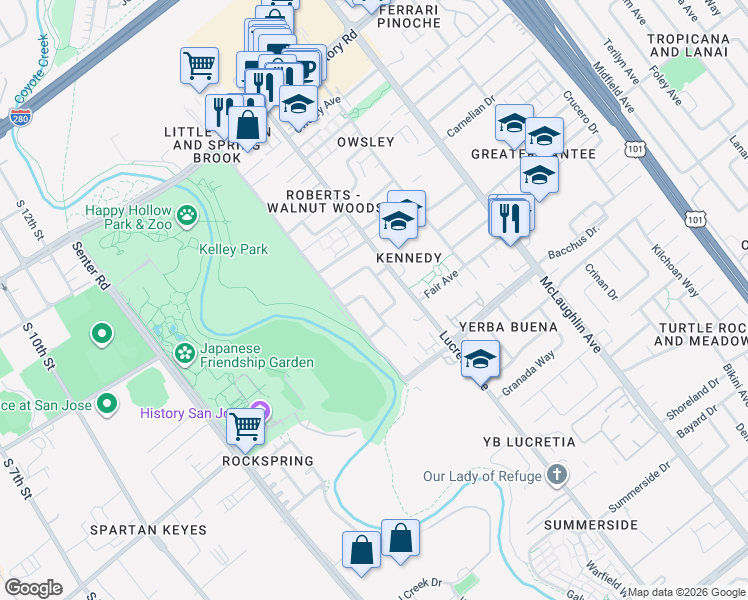 map of restaurants, bars, coffee shops, grocery stores, and more near 1582 Trieste Way in San Jose