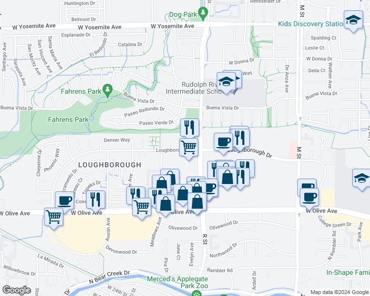map of restaurants, bars, coffee shops, grocery stores, and more near 1129 Loughborough Drive in Merced