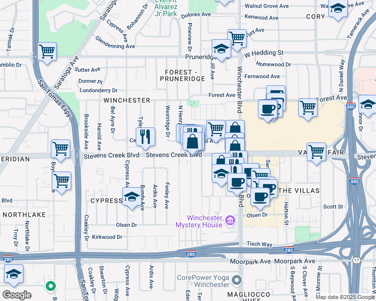 map of restaurants, bars, coffee shops, grocery stores, and more near 305 Rosewood Avenue in San Jose