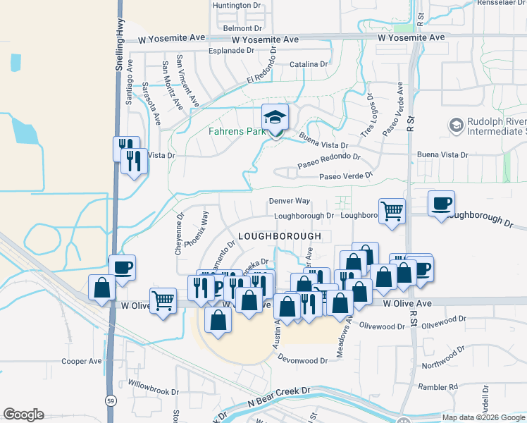 map of restaurants, bars, coffee shops, grocery stores, and more near 1615 Loughborough Drive in Merced