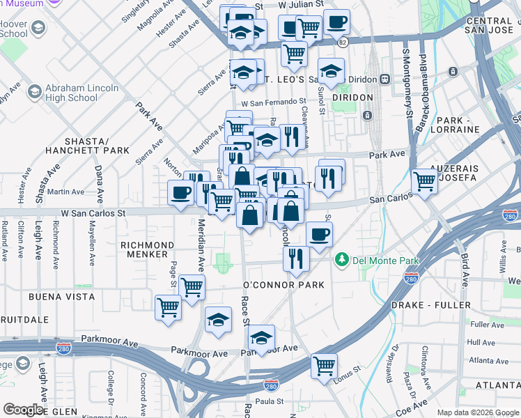 map of restaurants, bars, coffee shops, grocery stores, and more near West San Carlos Street in San Jose