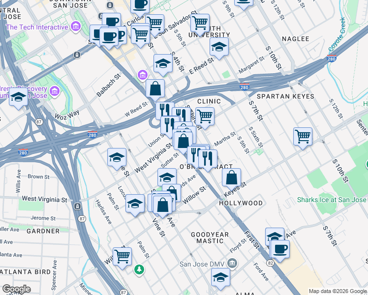 map of restaurants, bars, coffee shops, grocery stores, and more near 842 South 1st Street in San Jose