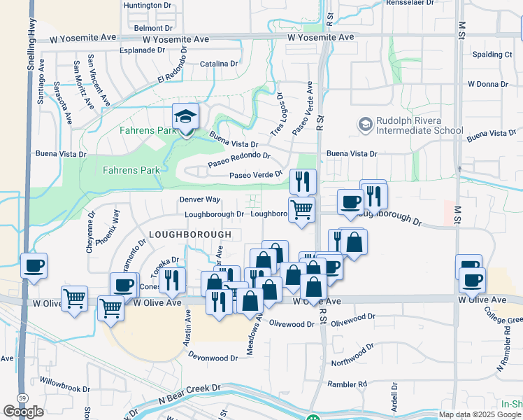 map of restaurants, bars, coffee shops, grocery stores, and more near in Merced