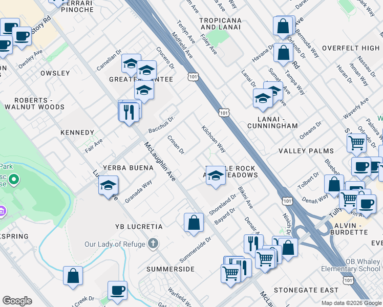 map of restaurants, bars, coffee shops, grocery stores, and more near 1251 Boa Vista Drive in San Jose