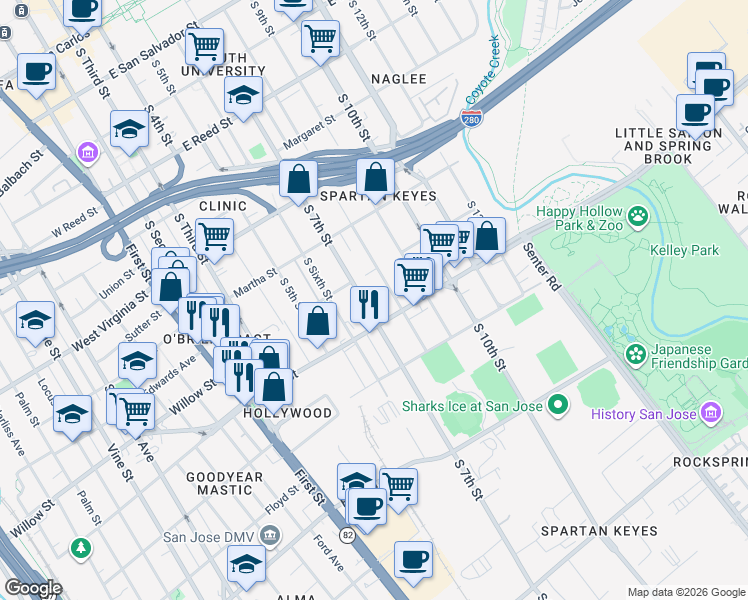 map of restaurants, bars, coffee shops, grocery stores, and more near 1094 South 7th Street in San Jose