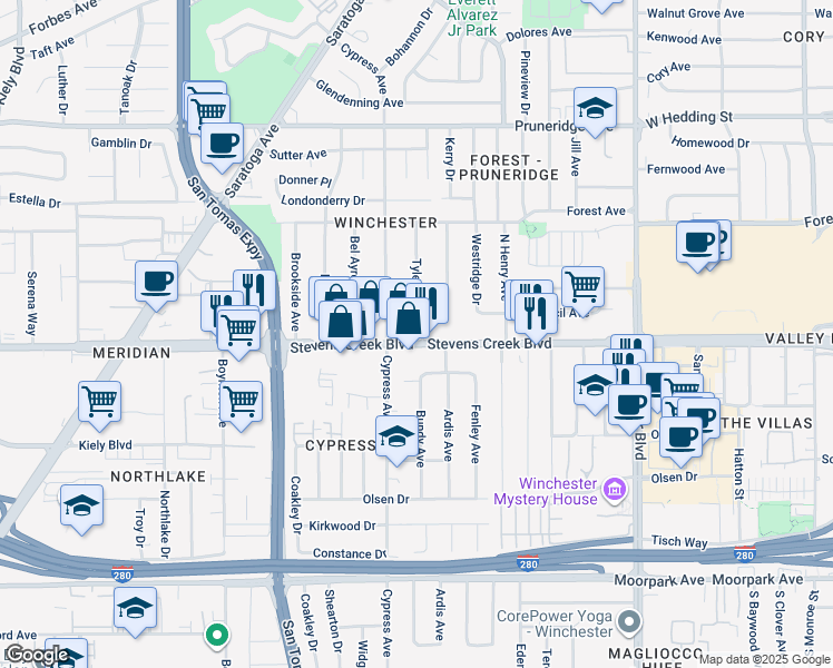 map of restaurants, bars, coffee shops, grocery stores, and more near 3430 Stevens Creek Boulevard in San Jose