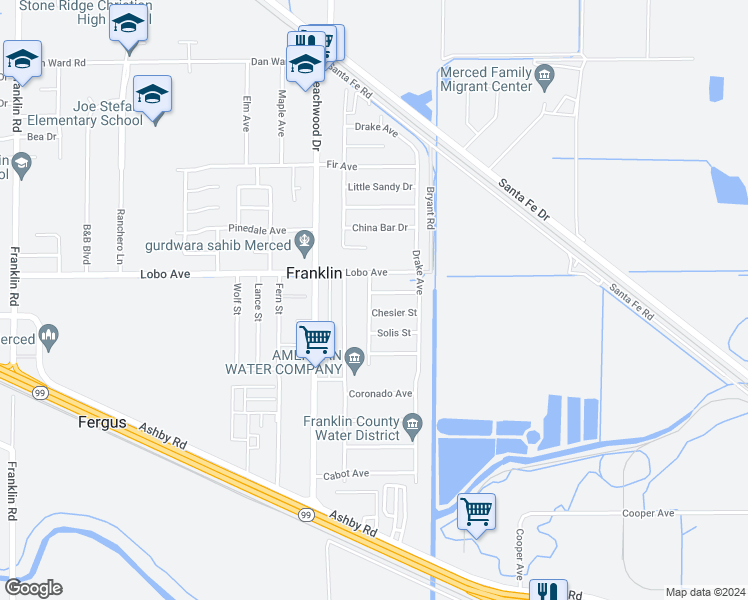 map of restaurants, bars, coffee shops, grocery stores, and more near 2151 Antley Street in Merced