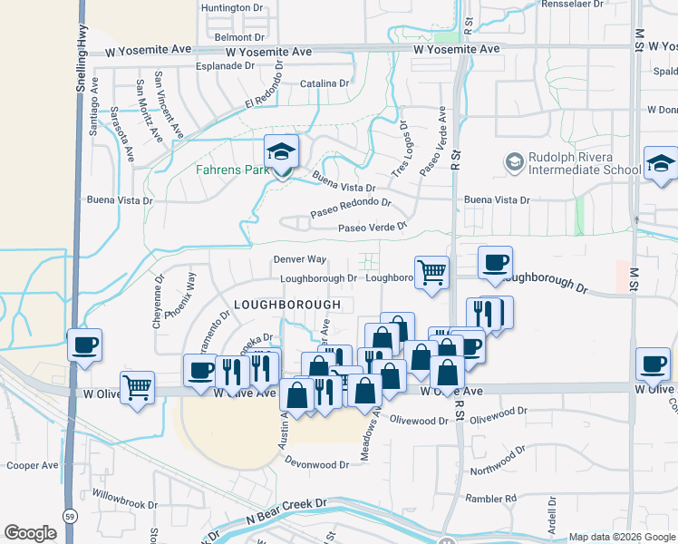 map of restaurants, bars, coffee shops, grocery stores, and more near 1375 Loughborough Drive in Merced