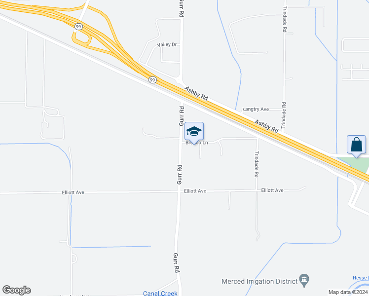 map of restaurants, bars, coffee shops, grocery stores, and more near 2460 Gurr Road in Atwater