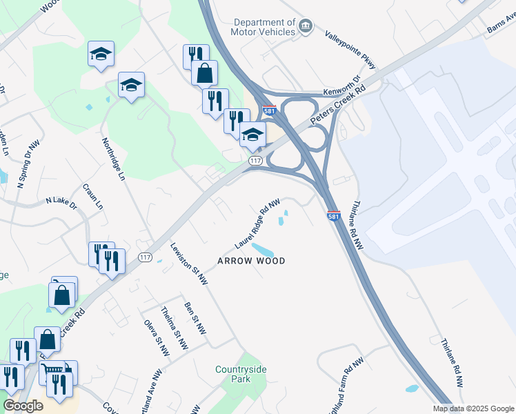 map of restaurants, bars, coffee shops, grocery stores, and more near 3698 Partridge Lane Northwest in Roanoke
