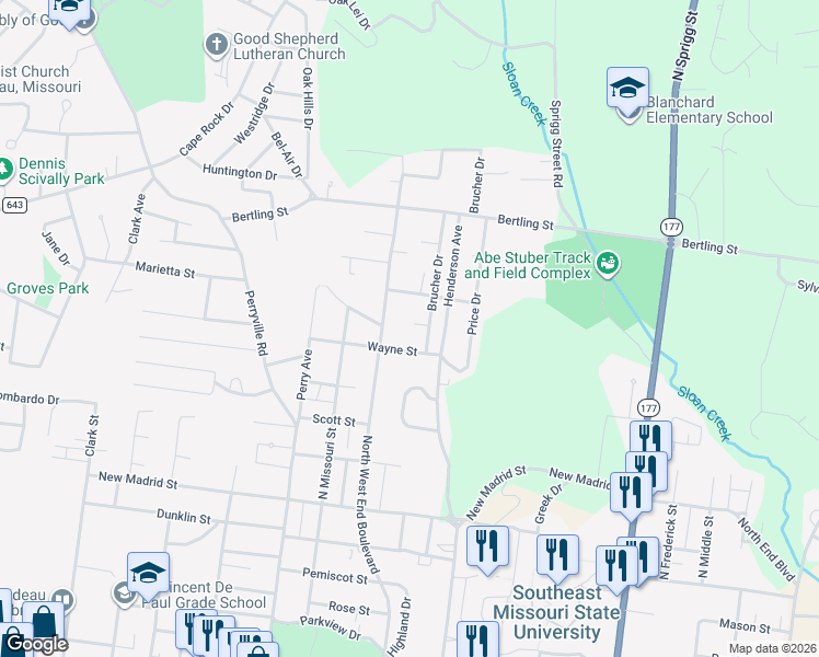 map of restaurants, bars, coffee shops, grocery stores, and more near 1417 Mary Ann Street in Cape Girardeau
