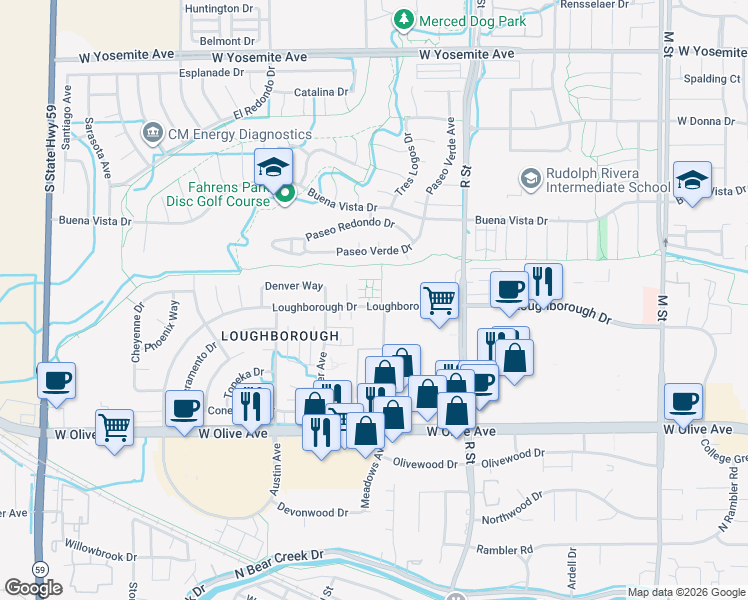 map of restaurants, bars, coffee shops, grocery stores, and more near 1287 Loughborough Drive in Merced