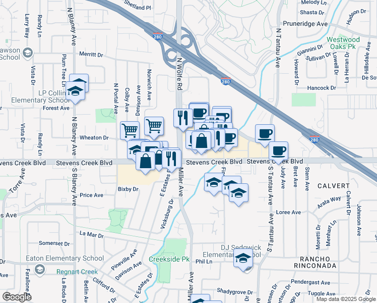 map of restaurants, bars, coffee shops, grocery stores, and more near 19505 Stevens Creek Boulevard in Cupertino