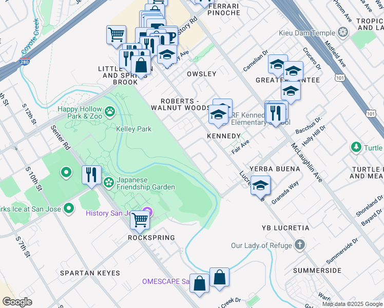 map of restaurants, bars, coffee shops, grocery stores, and more near 817 Derbe Drive in San Jose
