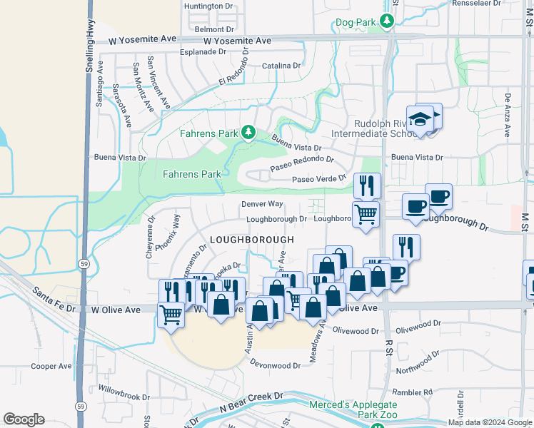 map of restaurants, bars, coffee shops, grocery stores, and more near 1455 Loughborough Drive in Merced