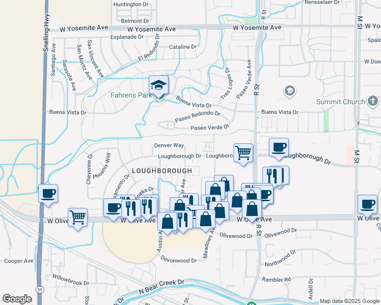 map of restaurants, bars, coffee shops, grocery stores, and more near 1375 Loughborough Drive in Merced