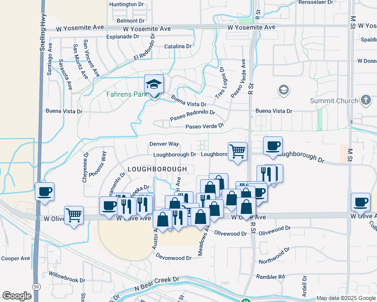 map of restaurants, bars, coffee shops, grocery stores, and more near 1365 Loughborough Drive in Merced