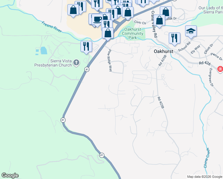 map of restaurants, bars, coffee shops, grocery stores, and more near 48894 Rock Point Road in Oakhurst