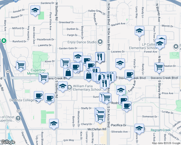 map of restaurants, bars, coffee shops, grocery stores, and more near 20735 Stevens Creek Boulevard in Cupertino