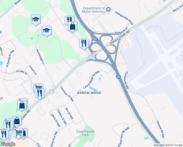 map of restaurants, bars, coffee shops, grocery stores, and more near 3698 Partridge Lane Northwest in Roanoke