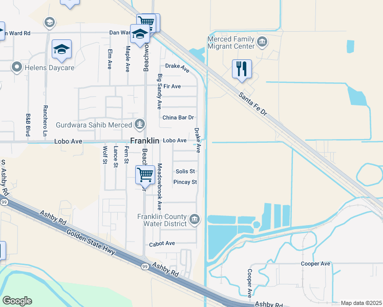 map of restaurants, bars, coffee shops, grocery stores, and more near 2075 Antley Street in Merced