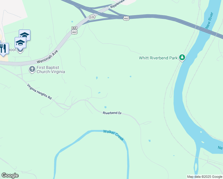 map of restaurants, bars, coffee shops, grocery stores, and more near 115 Riverbend Drive in Pearisburg