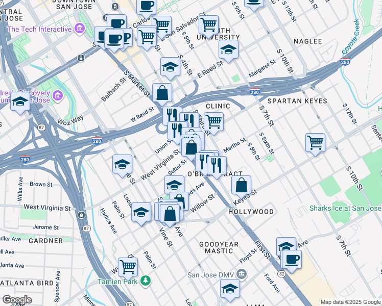 map of restaurants, bars, coffee shops, grocery stores, and more near 869 South 1st Street in San Jose