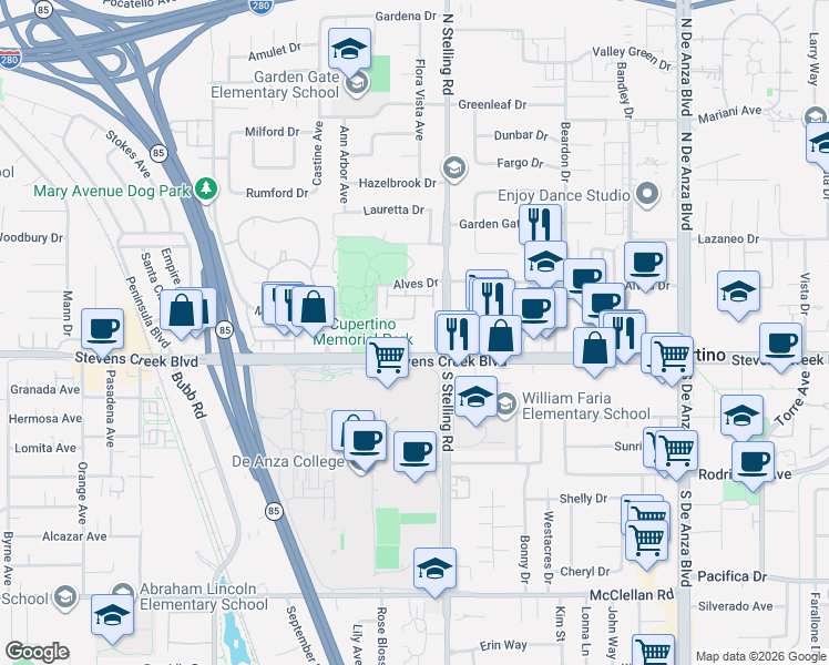 map of restaurants, bars, coffee shops, grocery stores, and more near 21113 Stevens Creek Boulevard in Cupertino