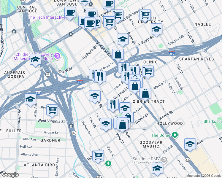 map of restaurants, bars, coffee shops, grocery stores, and more near 131 West Virginia Street in San Jose