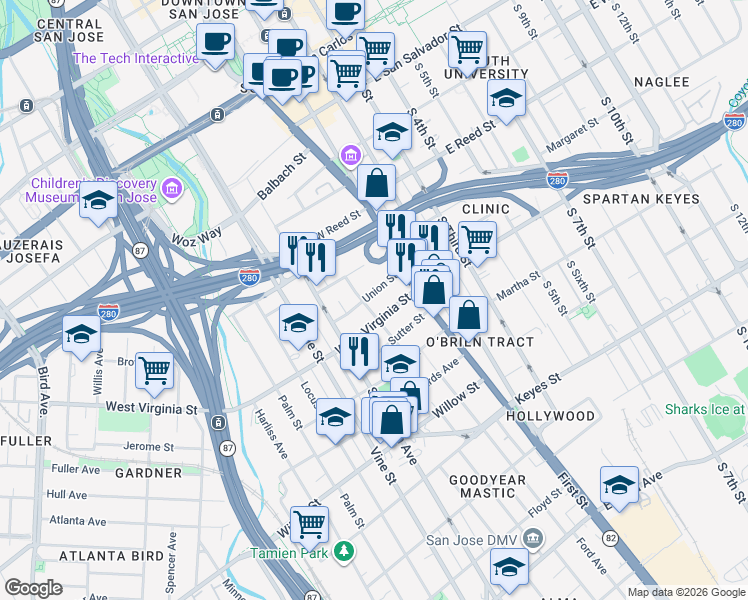 map of restaurants, bars, coffee shops, grocery stores, and more near 2 Union Street in San Jose