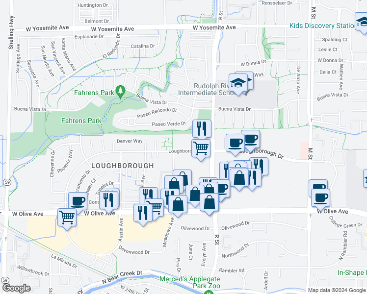 map of restaurants, bars, coffee shops, grocery stores, and more near 1165 Loughborough Drive in Merced
