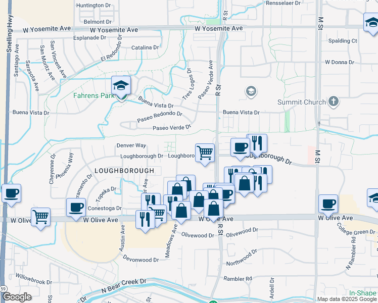 map of restaurants, bars, coffee shops, grocery stores, and more near in Merced