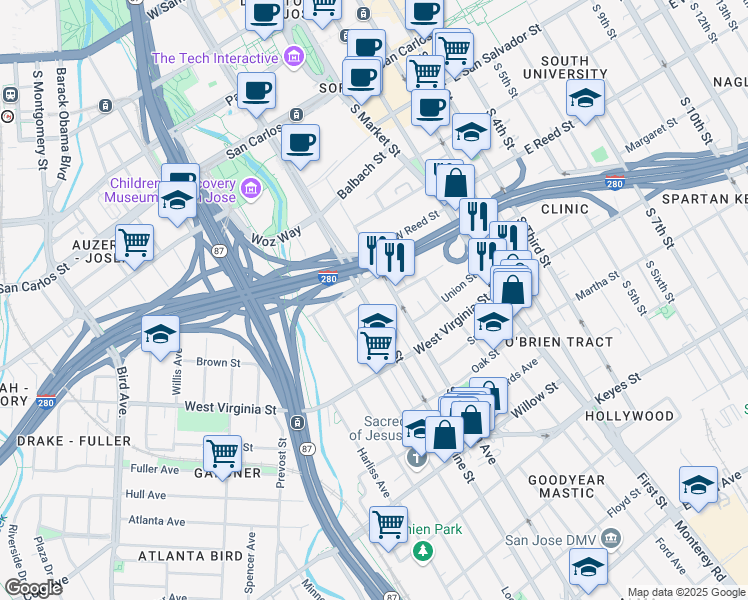 map of restaurants, bars, coffee shops, grocery stores, and more near 701 Vine Street in San Jose