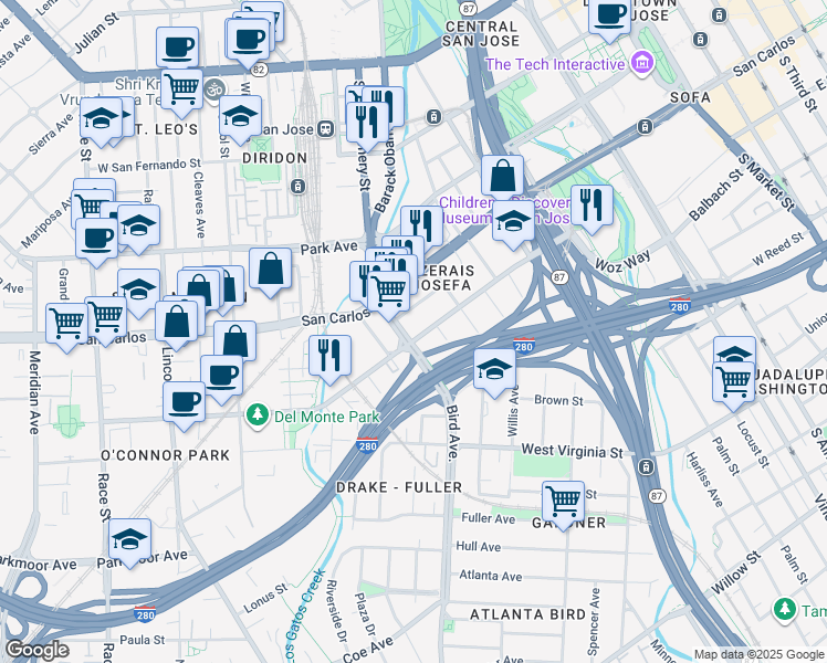 map of restaurants, bars, coffee shops, grocery stores, and more near 646 Auzerais Avenue in San Jose
