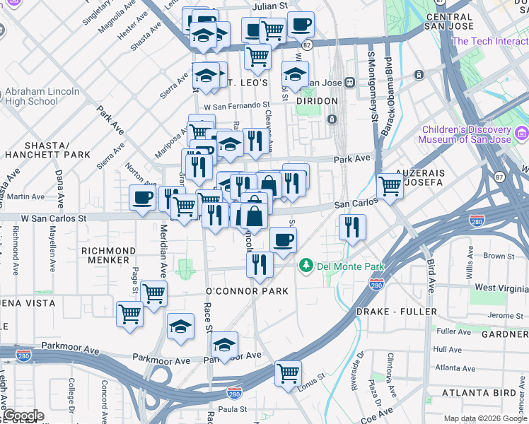 map of restaurants, bars, coffee shops, grocery stores, and more near in San Jose