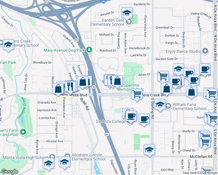 map of restaurants, bars, coffee shops, grocery stores, and more near 21255-21261 Stevens Creek Boulevard in Cupertino