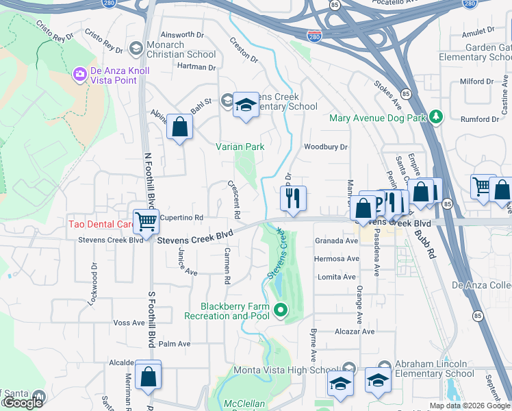 map of restaurants, bars, coffee shops, grocery stores, and more near 22225 Cupertino Road in Cupertino