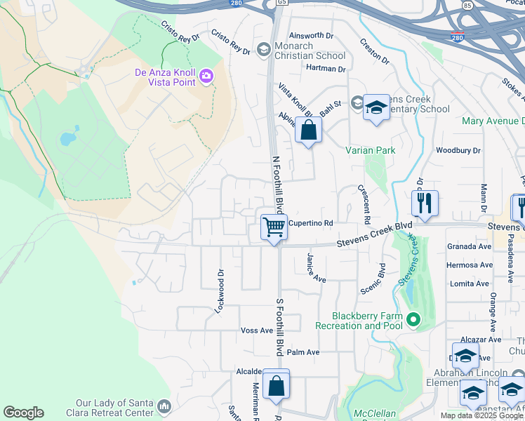 map of restaurants, bars, coffee shops, grocery stores, and more near 22658 Silver Oak Lane in Cupertino