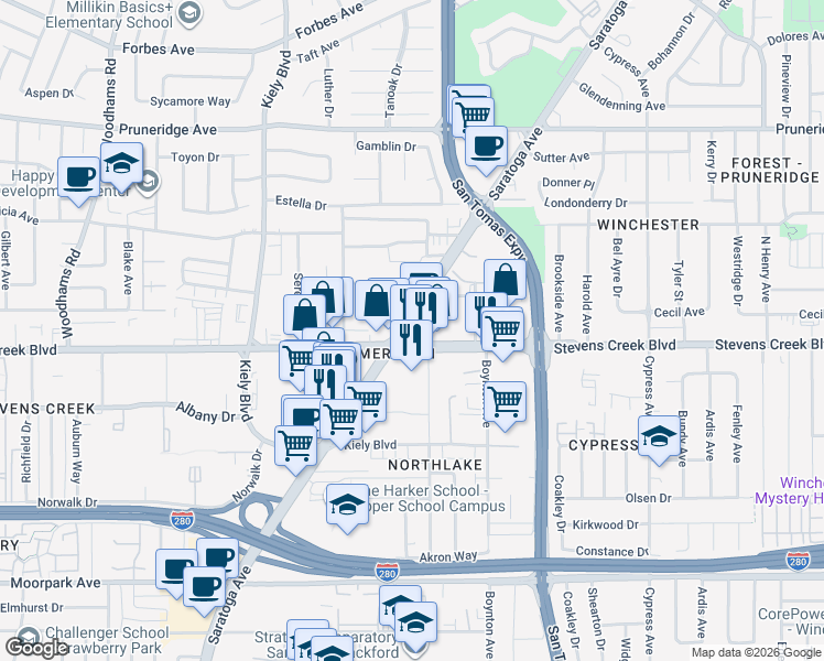 map of restaurants, bars, coffee shops, grocery stores, and more near 3895 Stevens Creek Boulevard in Santa Clara