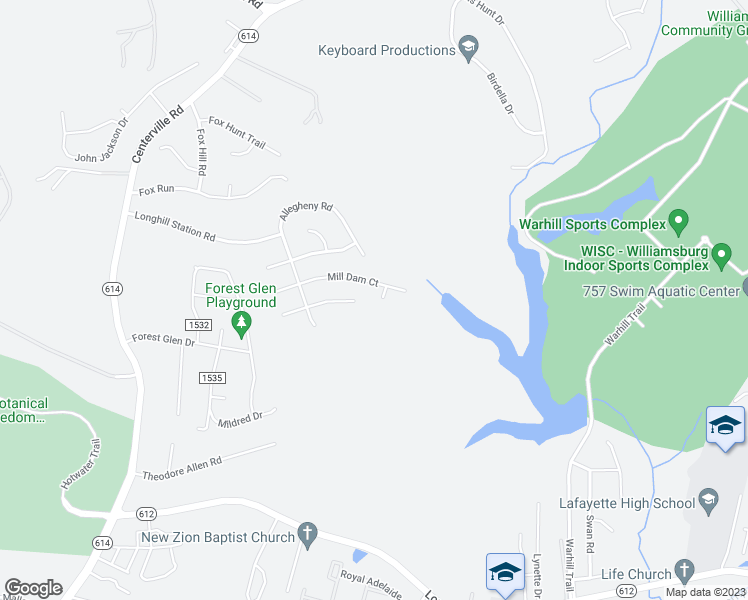 map of restaurants, bars, coffee shops, grocery stores, and more near 5904 New Court in Williamsburg
