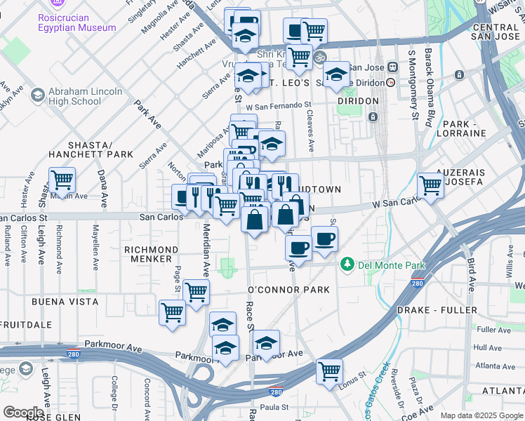map of restaurants, bars, coffee shops, grocery stores, and more near 1290 West San Carlos Street in San Jose
