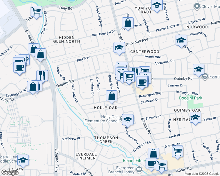 map of restaurants, bars, coffee shops, grocery stores, and more near 2837 Burdick Way in San Jose
