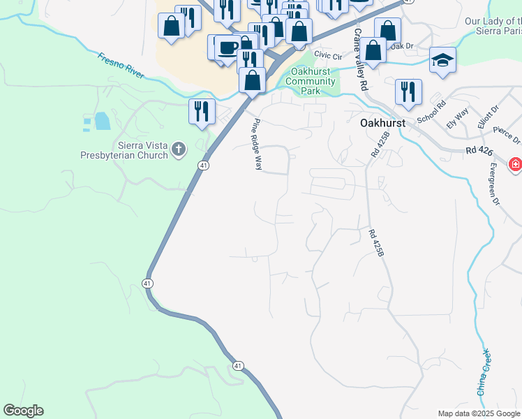 map of restaurants, bars, coffee shops, grocery stores, and more near 48833 Rock Point Road in Oakhurst