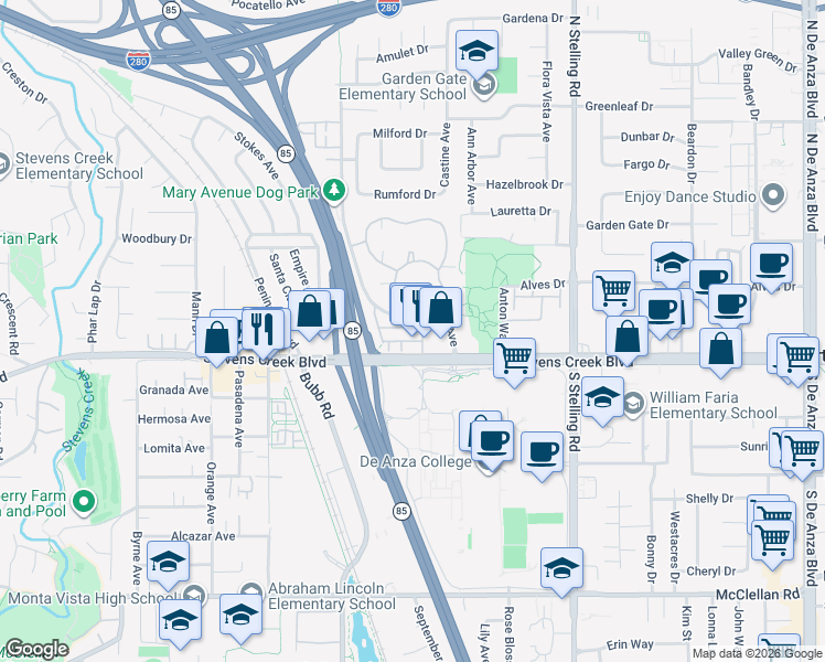 map of restaurants, bars, coffee shops, grocery stores, and more near 21308 Dana Point Lane in Cupertino